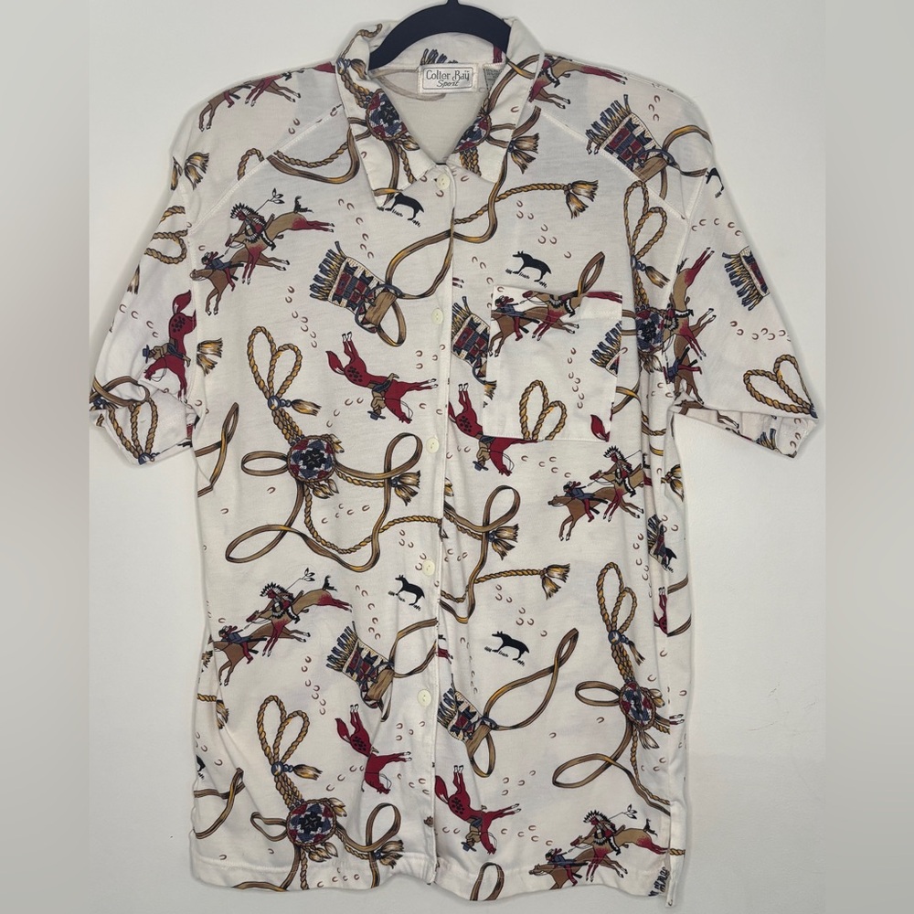 Vintage Colter Bay Western Theme Cowboy Indian Horse Button Down Polo Tee Size M